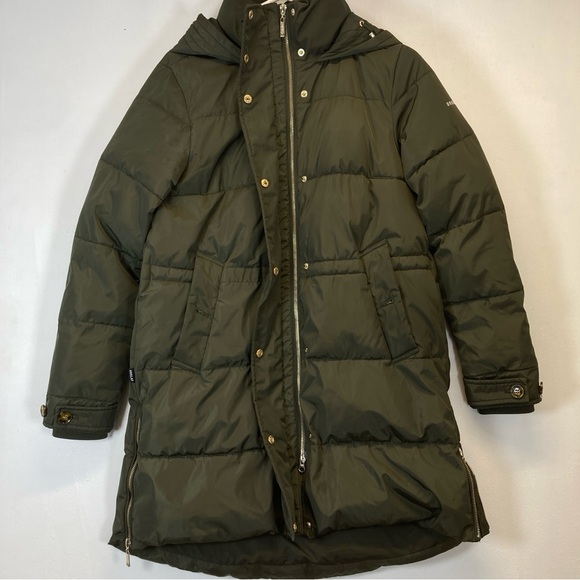 Orolay Down Puffer Jacket Womens Small Green Hooded Long Full Zip Snap Pockets - Picture 2 of 15